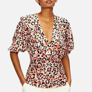 TED BAKER Coralo Frilled Balloon Sleeve Top 2 Leopard Print V Neck Ruffle